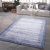 TT Home Wohnzimmer Teppich Kurzflor Modern Used Look Abstrakt Mit Umrandung, Farbe: Hellgrau Blau Creme, Größe:240x340
