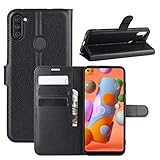 pinlu® PU Leder Tasche Handyhülle Für Samsung Galaxy A11 / Galaxy M11 Smartphone Wallet Hülle Mit Standfunktion und Kartenfach Design Hochwertige Ledertextur schw