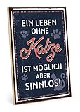 TypeStoff Holzschild mit Spruch – Leben OHNE Katze – im Vintage-Look mit Zitat als Geschenk und Dekoration zum Thema Mitbewohner, Haustier und Sinn (19,5 x 28,2 cm)