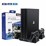 bedee PlayStation Ladestation Ständ, 4-in-1 PS4 Vertikaler Standfuß Kühler Lüfter Dual Controller Ladegerät für PS4 / PS4 Slim / PS4 Pro mit 3 Eingebaute Cooling Fan 12 S