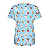 Damen Praktisches T Shirt mit Mehreren Taschen Arbeitsuniform Hemd mit Weihnachtsdruck Kurzarm Oberteile Lässige Lockere Bluse Tunika mit V Ausschnitt bequemes T Shirt mit T