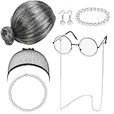 Kaimeilai Oma Perücke Perücke Kappe, Old Lady Kostüm Set Oma Brille mit Perlen Armband Perlenkette Oma Perücke Kostüm Accessoire Set, Großmutter Cosplay Zubehör Set für Fasching Karneval Hallow