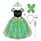 IMEKIS Mädchen Prinzessin Anna Kleid Schneekönigin Krönung Kostüm Halloween Weihnachten Karneval Cosplay Ankleiden Blumenstickerei Geburtstag Tutu mit Zubehör Party Outfit Grün 7-8 J