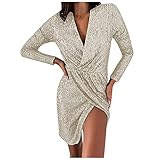 TTLOVE Damen Kleid Knielang Langärmelig Midikleid Strandkleid Elegant Abendkleid Party Kleid V-Ausschnitt Sexy Minirock