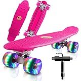 Saramond Skateboards Komplette 55cm Mini Cruiser Retro Skateboard für Kinder Teens Erwachsene Anfänger, Bunte LED-Räder mit All-in-One Skate T-Tool für Schule und Reisen (Rosa)