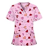 GOKOMO Pflege Bunt Liebe und Süßes Tier Motive, Unisex Uniform Kurzarm V-Ausschnitt Schlupfkasack Schlupfjacke mit Taschen, Arzt Uniform Schlupfhemd Tops Hemd Bluse T-Shirt(XL,Rosa)