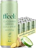 Melitta ffeel Sparkling Cucumber Ginger Cold Brew 0,33 l | vegan wenig Zucker natürlich frisch im Geschmack | 12 Dosen koffeinhaltige Limonade alkoholfrei mit Gurke Ingwer und Coldbrew Coffee EINWEG