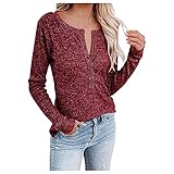 Finetyu V-Ausschnitt Langarmshirt Damen Oberteile Einfarbige Drucken Freizeit Spitze Tuniken Lace Long Sleeve T-Shirt Printing Button Down Top Frauen Mode Langarm Beiläufige Bluse T-Shirt Top