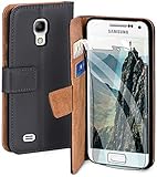 moex Handyhülle für Samsung Galaxy S4 Mini - Hülle mit Kartenfach, Geldfach und Ständer, Klapphülle, PU Leder Book Case und Schutzfolie - Dunkelg