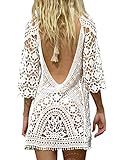 BAISHENGGT Damen Boho Rückenfrei Spitze Bikini Cover Up Strandkleid Sommerkleid Weiß One Size passt S-M