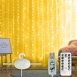 LED Lichtervorhang 3m x 3m 300 LEDs USB Lichterketten vorhang mit Fernbedienung, Haken und Anhänger Wasserfest 8 Modi Innen für Party Schlafzimmer Hochzeit Weihnachten deko ( Warmweiß）