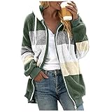 Teddyfleece Jacke Damen Mit Kapuze, Damen Lang Winter Herbst Grün Slim Fit Teddymantel Frauen Plüschjacke Oberbekleidung Offene Front Revers Winterjack Einfarbig Elegant Fleecejacke W