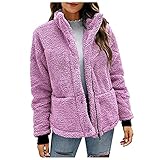 KIMODO Winterjacke Wintermantel Cardigan Damen Kurz Vorne Offen Lange Dicker Plüsch Einfarbiger Mantel Taschen Jacke Oberbekleidung Kapuzen Sweatshirt Outwear (A-Lila, S)