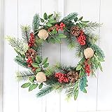 rzoizwko 15,7 Zoll Weihnachtskranz Künstlicher Grüner Kranz Beflockt mit roten Beeren Tannenzapfen Kiefernnadel Sackleinen Kugeln Dekorationen， Bauernhaus Wandbehang Haustür Kranz für Feiertag