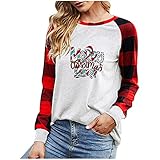 Masrin Weihnachtshemden Damen Lässige Karierte Spleiß Oberteile Pullover mit Weihnachtsbrief Print Raglan Tunika mit Langen Ärmeln Bluse mit Farbblock Patchwork Herbst Winter Sweatshirt Lang