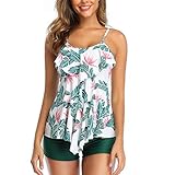 AFFGEQA Damen Bikini Badeanzug Neckholder Tankini Sets Rüschen Einfarbige Tankini Oberteile Bikinihose Zweiteilige Geblümt Bademode Hotpants Strandkleidung