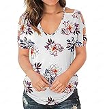 Schulterfreies Oberteil für Damen, lässig, kurzärmelig, modisch, Blumendruck, T-Shirt, Blusen, V-Ausschnitt, trägerlos, lose T-Shirts, lockere Passform, Tunika-Tops, weiß, S