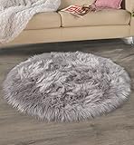 Fellano Kunstfell Teppich 120 cm Rund Grau | Bettvorleger Schlafzimmer aus Fellimitat | Öko-Tex Standard 100 | Lammfell Schaffell als Läufer, Stuhl-Sitzkissen oder Kleiner Tepp