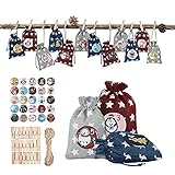 HUALONG 24 Adventskalender zum Befüllen -Stoffbeutel, Weihnachten Geschenksäckchen mit Zahlen Aufkleber + Mini-Holzklammern und 10m Jute Hanfseile, Weihnachtskalender tüten Geschenkb