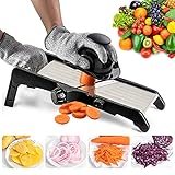VEKAYA Gemüsehobel aus Edelstahl, 4 in 1 Gemüseschneider, Mandolinen Verstellbar Küchenhobel für Kartoffelchip, Zwiebel, Lebensmittel Schneider Obstschneider mit Anti-Schneid-Handschuhe（schwarz）