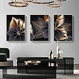 Leinwand Poster Bilder Set 3Stück Schwarz Golden Pflanzenblatt Bild Wohnzimmer Schlafzimmer Vintage Leinwandbilder ,für Deko Schlafzimmer Küche Modern Wandbild mit Poster Kunstdrucke (50X70 cm)