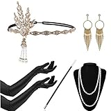 Timelike 20er Jahre Zubehör Set Flapper Kostüm Charleston Accessoires für Damen 1920s Gatsby Jahre Stirnband Kopfschmuck Ohrringe Perlen Halskette Handschuhe Zigarettensp