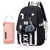 Bevalsa Schulrucksack mit Federmäppchen Schultaschen-Set für Mädchen Teenager Damen Schulranzen Modisch Rucksack Campus Laptop Backpack 20L Nylon Wasserdicht Daypack (Schwarz)