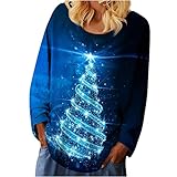 PWKNRD 2022 Weihnachtspullover Damen Pullover Weihnachten Sweatshirt Glitzer Weihnachtsbaum Druck Oberteile Casual Lose Langarmshirt Basic Rundhals Jumper Bluse Tops Herbst Winter Pulli Outw