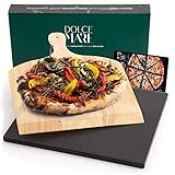 DOLCE MARE Pizzastein Schwarz - Pizza Stein aus hochwertigem Cordierit für den Backofen & Grill - Backstein für knusprige Pizza wie beim Italiener - Inkl. Pizzaschieber - Brotbackstein | Back