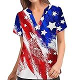 Detrade Independence Day T-Shirt für Damen, amerikanische Flagge, V-Ausschnitt, kurze Ärmel, Bluse, lässiger V-Ausschnitt, Arbeitshemd, rot, M
