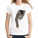 LAEMILIA Damen Mädchen T-Shirt 3D Katze Aufdruck Kurzarm Rundhals Sweatshirt Lose Beiläufig Tops Oberteil Bluse Sommer Frühling Streetw