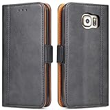 Bozon Galaxy S6 Hülle, Leder Tasche Handyhülle Flip Wallet Schutzhülle für Samsung Galaxy S6 mit Ständer und Kartenfächer/Magnetverschluss (Schwarz-Grau)