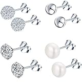 Epoch World 4 Paare Basic Damen Ohrringe 925 Sterling Silber Ohrringe mit Zirkonia Kristall Perlen Ohrstecker Set Kleine Kugel Ohrringe Stecker Ohrringe für Damen Frauen M