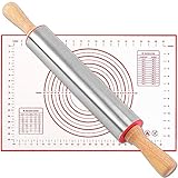 BEIJIE Nudelholz aus Edelstah mit silikon backmatte, Antihaft Teigroller mit Holzgriff, BPA freie Fondant Rolle, Rolling Pin für Pizza, Kuchen, Kekse, Pasta | Silber, 43.3