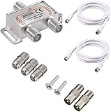 RUNCCI-YUN 2-Fach TV Radio F-Stecker Adapter Kabel Antennen Verteiler SAT Splitter Metall TV-Verteiler inkl. Adapter + 2 xKabel + 2 x F Stecker auf Koax Stecker + 3 x F Buchse auf Koax Kupplung