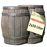 REGENTONNE EICHENFASS REGENFASS 2*50 Liter als REGENSAMMLER MÜLLEIMER SPIELZEUGKISTE ALLZWECKBOX ALLZWECKKISTE AUFBEWAHRUNGSBOX BEHÄLTER KISTE BOX TRUHE, stabil, auch zum Sitzen, fühlbare und täuschend-echte Holzstruktur, schönes HOLZ-DESIGN!