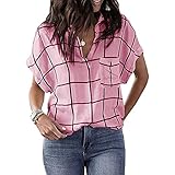 QWERD Bluse Damen Kurzarm Kariert Bluse V Ausschnitt Shirts Oversized Lose Freizeithemd Tunika Sommer Oberteil Frauen Plaid Shirt Casual V-Ausschnitt Kariertes Kurzarmshirts Oberteile Elegant Top