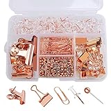 nuoshen 500 Stück Büromaterial Set, Multifunktions Büroklammern Metall Klammern Transparente Reißzwecke Map Push Pins mit Box für Datei Fotos Büro Schule Heimbedarf (Rose Gold)