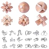 Barm 24 Stück Holz Metall Denksport Puzzle Spielzeug Kinder und Erwachsene, 18 Stück Metall Puzzle + 6 Stück Holz Puzzle 3D IQ Puzzle Challenge Spiel Lernspielzeug
