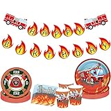 JeVenis 33 PCS Feuerwehrmann Geburtstagsbanner Feuerwehrauto Geburtstagszubehör Feuerwehrauto Party Teller und S