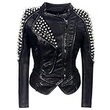 Damen Lederjacke,Mode Vintage Klassiker Plus Größe Black Spikes Slim Silver Rivet Metallic Punk Damen Herbst Frühling Leder Biker Moto Jacke, Bequemes Weiches Pu- Ledermaterial, Retro-Mantel Ob