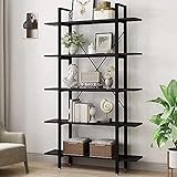 YOLEO Holz Bücherregal mit 5 Etagen, 120 x 30 x 178 cm offenes Bücherregal stabile Industrie Aufbewahrungsregal mit Metallrahmen für Aufbewahrung und Präsentation (Schwarz)
