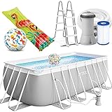 Intex Prism Frame Swimming Pool rechteckig 400 x 200 x 122 cm Komplett-Set mit Leiter & Pumpe 26790 sowie Extra-Zubehör wie: Luftmatratze und Strandb