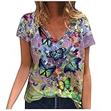 TRIGLICOLEUM T-Shirt Damen Mode 3D Blumendruck Bluse Tunika Buntes Kurzarm Hemd mit Schmetterlingsdruck Sexy Tshirt Oberteile mit V-Ausschnitt Sommer Atmungsaktives Freizeithemd Laufshirt Top