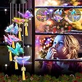 BiGosh Solar Windspiele Schmetterlingslichter Farbwechsel Hängende Solarleuchten, wasserdichte LED Solar Automatische Sensorleuchten mit Glocke Hängelampen Dekor für Gartenbeleuchtung für Geschenk