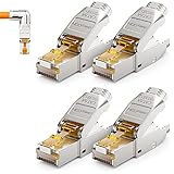 deleyCON 4x CAT 6a Netzwerkstecker 90° Winkel Stecker RJ45 Werkzeuglos Geschirmt 10Gbit/s Netzwerk Stecker für Starre Verlegekabel Rohkabel Steckverbinder RJ45 Ethernet LAN DSL Patchkab