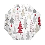 Nahtloser rot-grau-weißer Weihnachtsbäume auf weißem Automatik-Klappschirm, tragbarer starker Reise-Regenschirm, automatisches Öffnen/Schließen, leicht, kompakt, UV-S