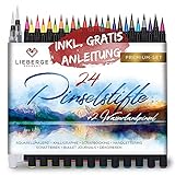 LIEBERGE Pinselstifte Premium-Set - 24 Aquarellfarben + 2 Wassertankpinsel - Brush Pen mit Flexibler Pinselspitze für Aquarell, Hand Lettering, Bullet Journal, Kalligrap