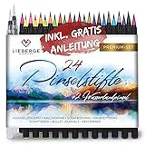 LIEBERGE Pinselstifte Premium-Set - 24 Aquarellfarben + 2 Wassertankpinsel - Brush Pen mit Flexibler Pinselspitze für Aquarell, Hand Lettering, Bullet Journal, Kalligrap