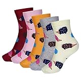 Faletony 3-6 Paare Damen Mädchen Socken Bunte Baumwolle Socken Smiley-Gesicht Banane Igel Cartoon Socken für EU Gr.34-41 (Set 01, Igel, 5 Paare)